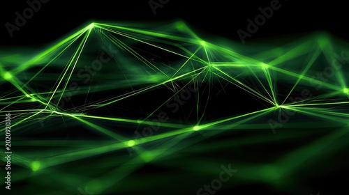 Abstract glowing green network connections spread across a dark background