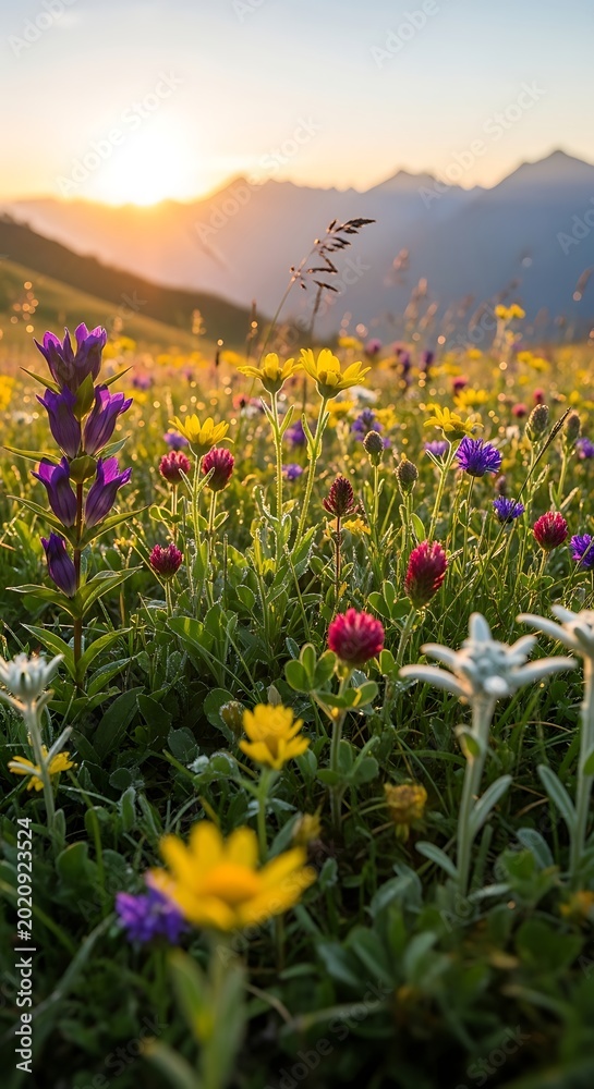 Obraz premium Vibrant Alpine Meadow at Sunset with Diverse Wildflowers and Majestic Mountains.