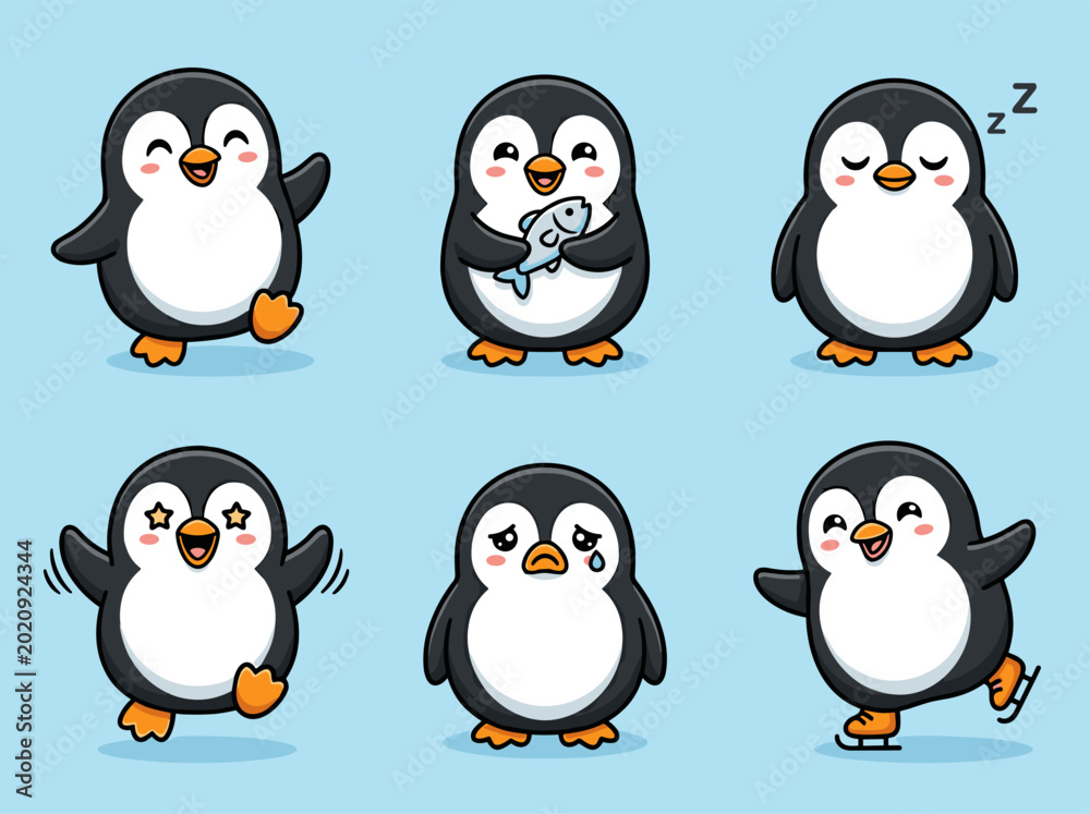 Fototapeta premium Cute Pixel Art Penguins In Six Poses On Light Blue Background Playful Antarctic Wildlife Cartoon Set With Happy Dancing Walking Sleeping And Fish Holding Actions