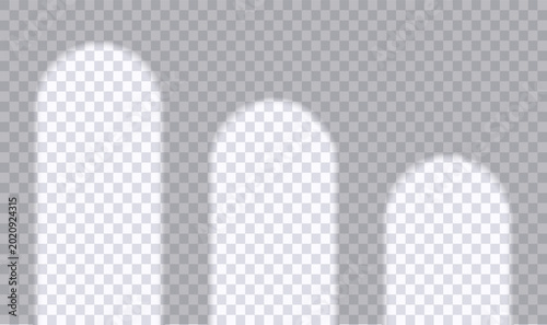 Realistic long shadow overlay effect of arched window frame isolated on transparent background. Abstract silhouette soft blurry shadow arch frame on wall. Vector sun light shade. Scene mockup