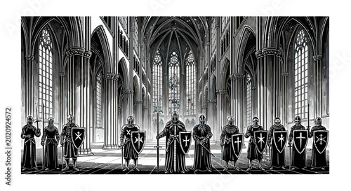 Фотография Knights Templar in Gothic Cathedral, Medieval Warriors with Shields and Swords