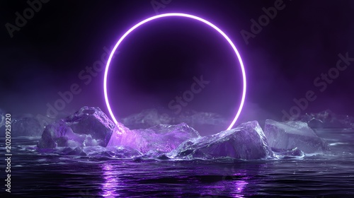 Lunar Glow: Neon Ring Over Crystal Ice in Dark Water