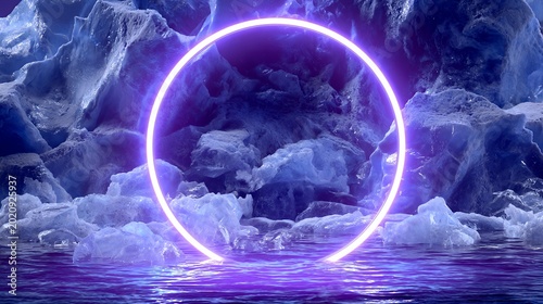 Luminous Ice Ring: Neon Glow Amidst Frozen Peaks and Azure Waters