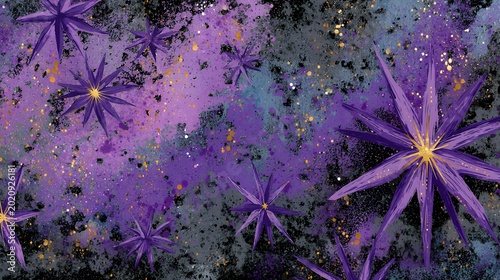 Cosmic Bloom: Purple Starflower Galaxy Art with Gold Accents