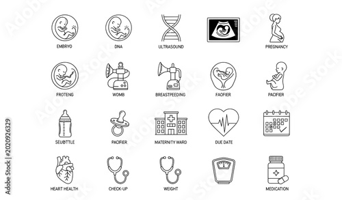 Canvas Print Pregnancy and childbirth icons: embryo DNA ultrasound fetus pregnant woman womb