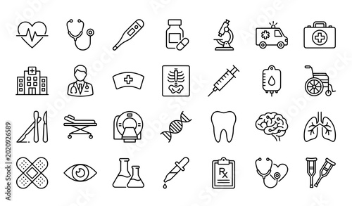 Foto Medical and healthcare icons - cardiology neurology radiology pharmacy with pill