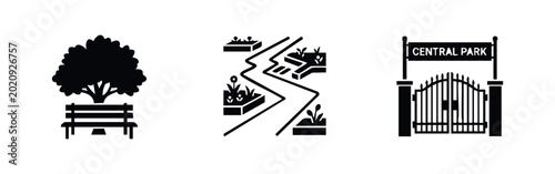 Foto Public Park and Recreation Icons Set Featuring Bench Garden Path and Entrance Ga