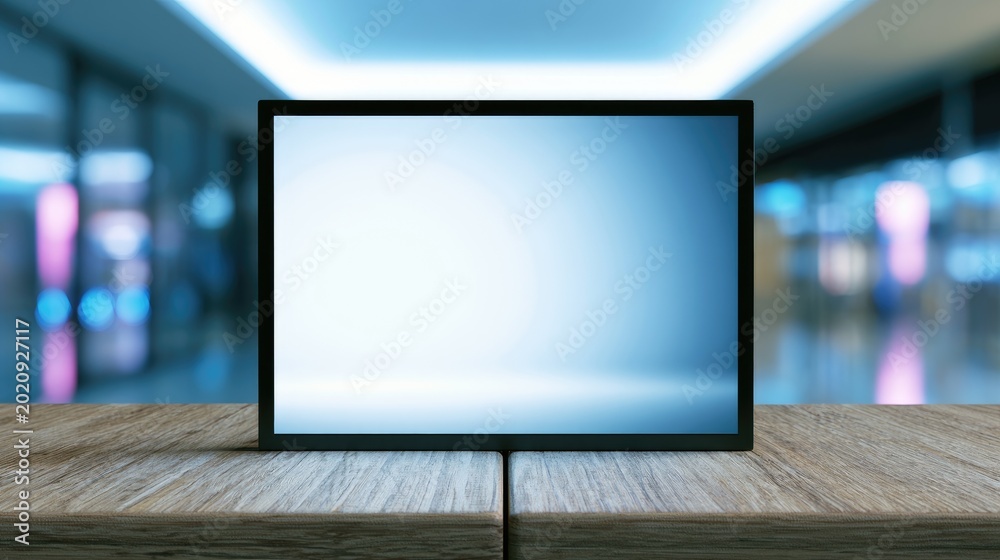 Fototapeta premium A blank digital screen sits on a wooden surface in a blurred, illuminated indoor space
