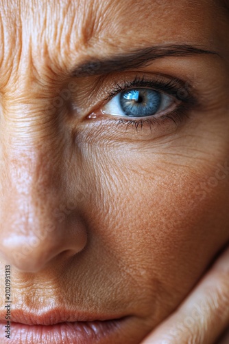 Close-Up of an Aging Face with Deep Wrinkles and Worry Lines, Expressing Doubt and Concern