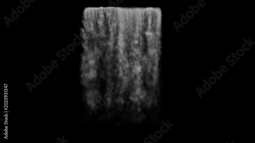 Stream of gray smoke or rushing water cascades downward in a waterfall effect against on alpha channel