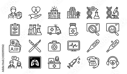 Medical Care and Patient Diagnosis Outline Icon Collection for Hospital and Healthcare Design