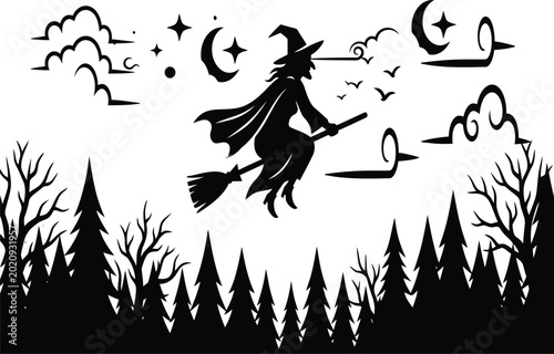 Tableau sur toile Black silhouette of witch flying on broomstick at night