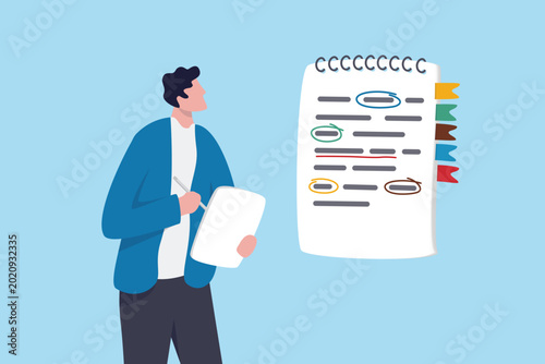 Foto Meeting summary, conclusion, writing information, instruction or report, note taking lecture or sketching, project memo notebook, businessman writing or note taking on digital tablet with notebooks