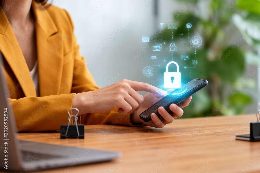 Fototapeta premium Person using smartphone with digital security icons