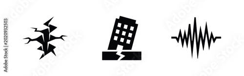 Tableau sur toile Set of earthquake and seismic activity icons, depicting cracked ground, a damaged building, and a pulse wave