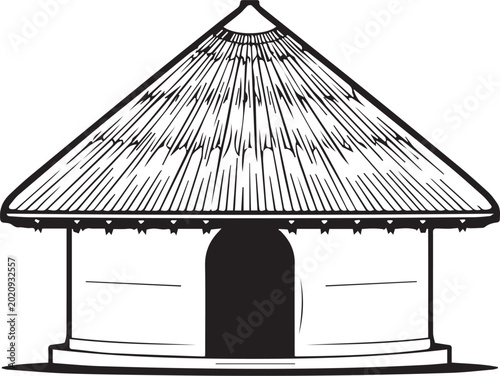 Cuadro en lienzo A detailed line drawing of a traditional building featuring a thatched roof, showcasing cultural heritage