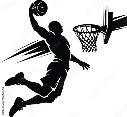 Fotografía Basketball player silhouette dunking dynamic action shot on white background