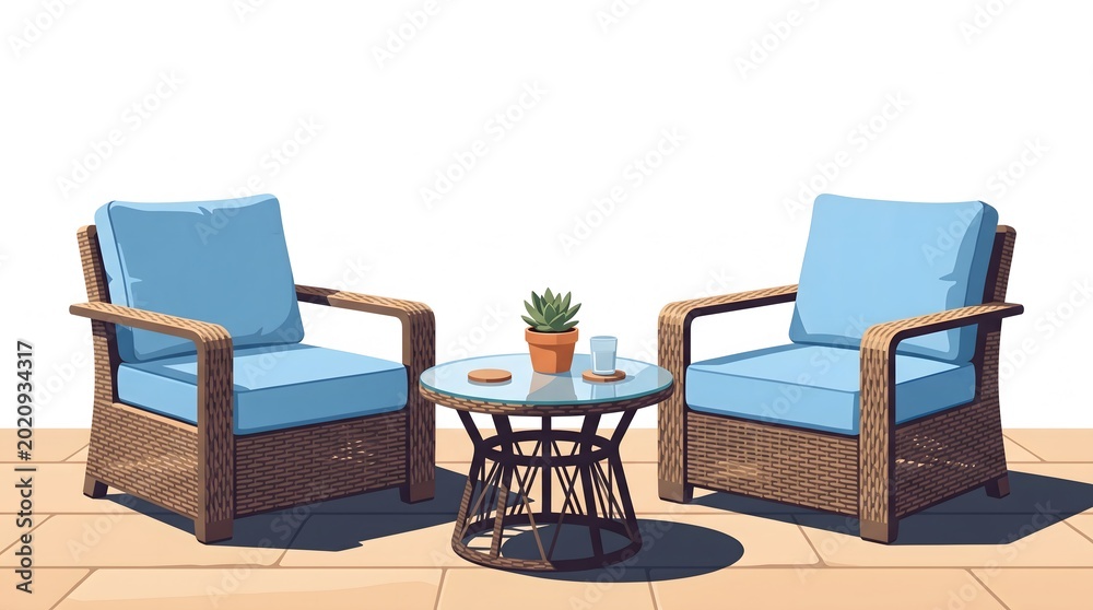 Fototapeta premium Wicker armchairs with blue cushions around small round outdoor table on patio