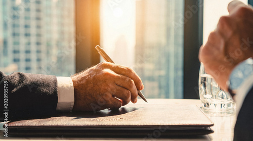 Professional man's hand signing an important business contract or legal document on a desk with bright sunlight.