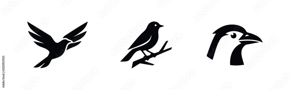 Fototapeta premium Bird Silhouette Icons Collection Featuring Bird in Flight, Bird on Branch, and Bird Head Profile