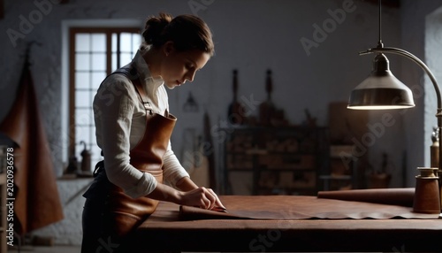 A dedicated female artisan measuring leather in a cozy home atelier - Minimal Background