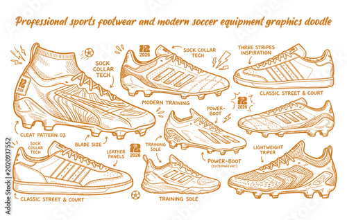 Photos Soccer football boots and athletic cleats collection hand drawn sketch