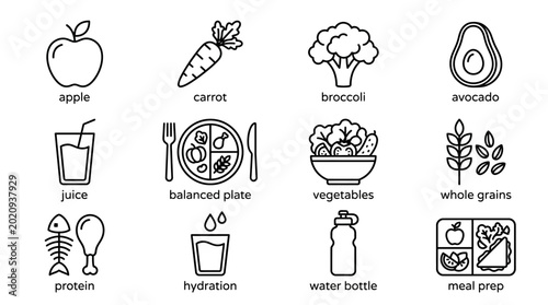 A collection of simple line art icons representing various healthy food and lifestyle choices, including fruits, vegetables, and meal preparation.