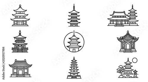 Collection of nine distinct black and white line art illustrations of traditional East Asian pagodas and temple structures.