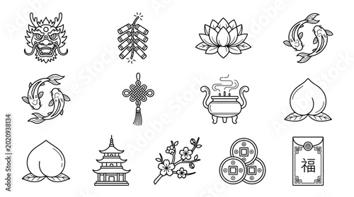 A collection of traditional Chinese cultural icons, including a dragon, firecrackers, lotus, koi fish, knots, incense, peaches, pagodas, plum blossoms, coins, and red envelopes.