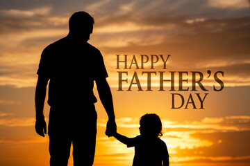 Silhouette of father and child, Happy Father's Day, sunset background, family love, parenthood