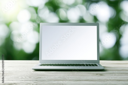 Open laptop displaying blank screen on wooden table, soft green bokeh background