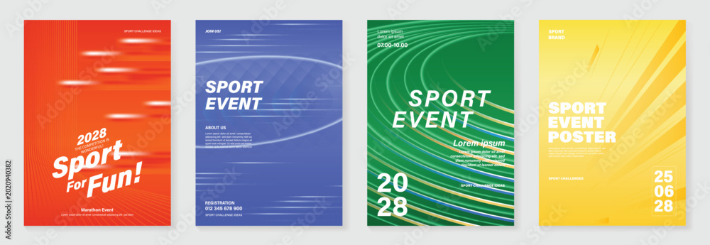 Obraz premium Sport event poster abstract speed vector set. Dynamic running marathon fitness flyer templates with motion lines, stadium track background and bold typography design for banner, competition and promot