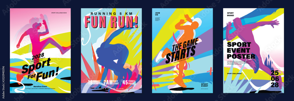 Fototapeta premium Running charity 5K event poster vector set. Colorful fun run marathon flyer templates with athlete illustration, race track, sport typography and fitness design for banner, invitation and promotion.