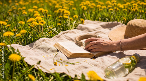 Foto Relaxing with a book and headphones on a picnic blanket amidst a vast, sunlit field of vibrant yellow dandelions