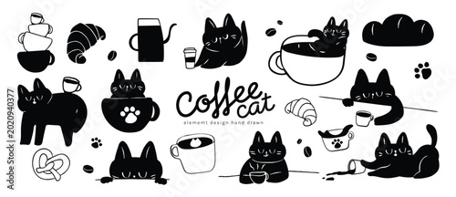 Cute black cat cafe dessert flat vector set. Kawaii cats with coffee cup, cake, pastry, beans and colorful cafe elements for sticker, menu, nursery print and packaging design.
