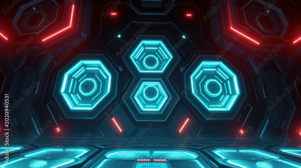 Fototapeta premium Futuristic corridor. Hexagonal patterns dominate walls, floor. Blue neon glows, contrasted by red accents. Dark, sleek design suggests technology.