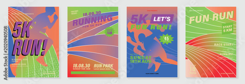 Running charity 5K event poster vector set. Colorful fun run marathon flyer templates with athlete illustration, race track, sport typography and fitness design for banner, invitation and promotion.