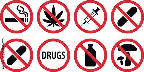 Bild auf Leinwand Say no to drugs icon set vector, black silhouette prohibition symbols for smoking alcohol pills addiction warning and anti drug campaign design