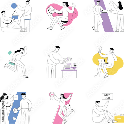 Photos Flat office teamwork illustrations featuring meetings, coordination, workplace conflict, promotion, job loss, creativity, urgency, document management, collaboration scenes