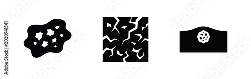 Photos Minimalist black and white icons depicting dermatological conditions like irregular moles, dry cracked skin, and a subsurface cyst or tumor