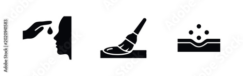 Bild auf Leinwand Set of minimalist black icons illustrating skincare application, topical treatment with a brush, and deep absorption of products into the skin