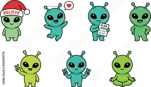 Obraz na płótnie Cute Cartoon Alien Mascot Character Set Featuring Happy Green Extraterrestrial V
