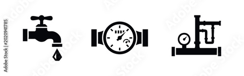 Bild auf Leinwand Set of plumbing and water utility icons including a faucet with a drop, a water meter, and a pipe system with a pressure gauge