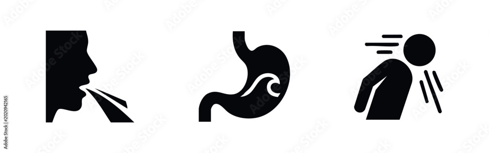 Εκτύπωση καμβά Set of black icons representing nausea, vomiting, and stomach upset