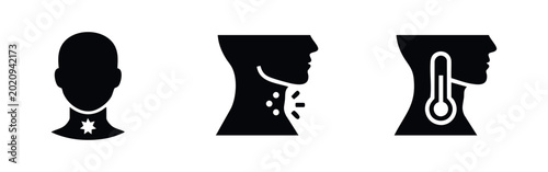 Fotografija Set of minimalist black icons representing sore throat pain, throat inflammation, and high fever symptoms on human head silhouettes