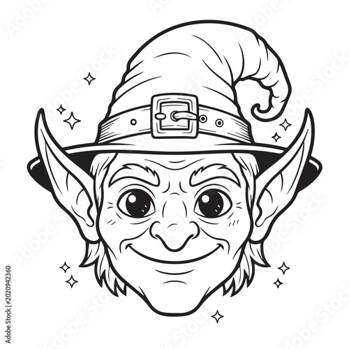 Fotografija Smiling cartoon elf face with pointy ears and a witch hat on white background wi