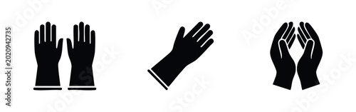 Photos Set of black protective rubber glove icons on a white background, featuring various positions for safety, hygiene, and cleaning concepts
