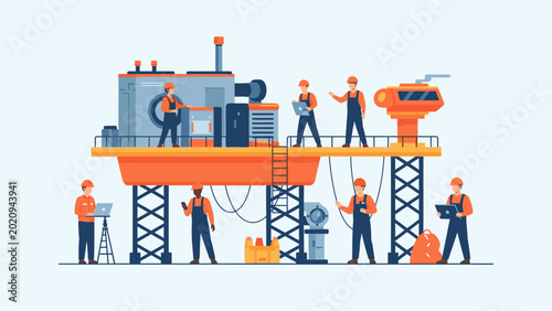 Industrial workers on an offshore oil rig platform, performing maintenance and engineering tasks with tools and equipment.