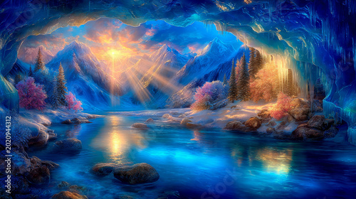 Enchanted Ice Cave with Sunset Over Snowy Mountains and Crystal Blue River Flowing Through