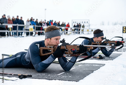 Biathlon athletes focus intently while aiming rifles during a snowy competition.